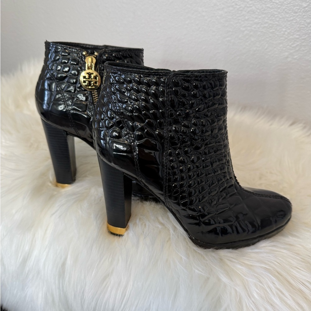 EUC Tory Burch black embossed booties